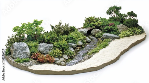 Miniature landscape with stream, rocks, and plants. photo