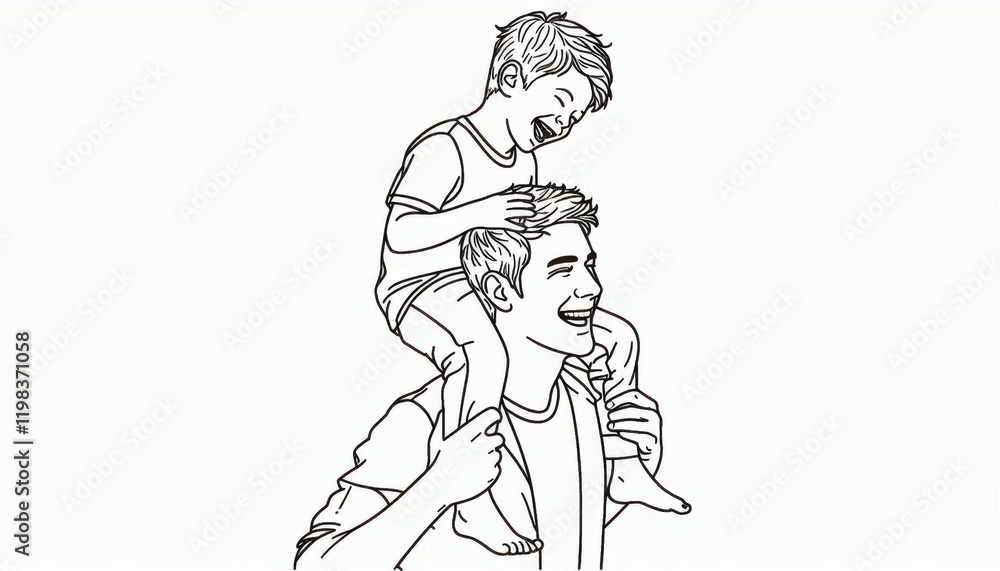Laughter-Filled Family Moment: Father Carrying Son on Shoulders, enjoying time together, line art illustration isolated white background Laughter-Filled Family Moment: Father Carrying Son on Shoulders, enjoying time together, line art illustration isolated white background