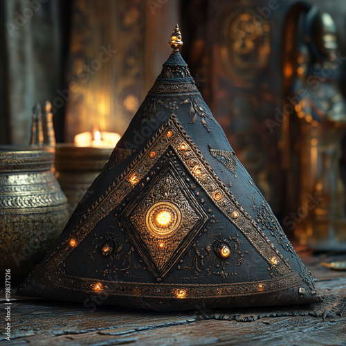 a close-up of a hat associated with Haman, featuring intricate stitching and a rich, dark texture, illuminated by soft natural light, with a blurred backdrop of ancient Persian artifacts photo