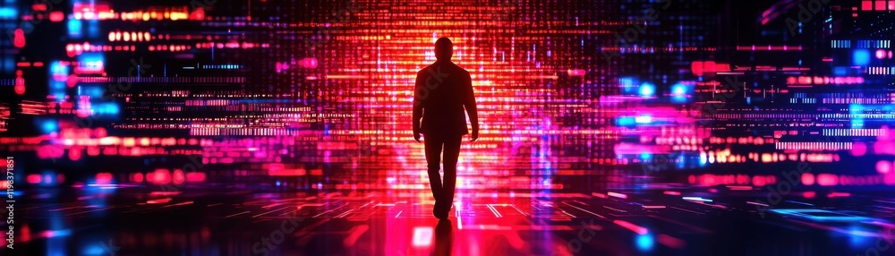 anti tracking anonymity concept. A silhouette walking towards a vibrant, colorful digital background. anti tracking anonymity concept. A silhouette walking towards a vibrant, colorful digital background.