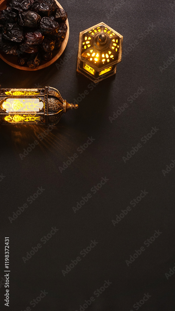 Black clean background with two lighted gold Islamic lanterns and a plate of dates fruit or kurma on the upper left corner of the image. Background for Islamic contents Black clean background with two lighted gold Islamic lanterns and a plate of dates fruit or kurma on the upper left corner of the image. Background for Islamic contents