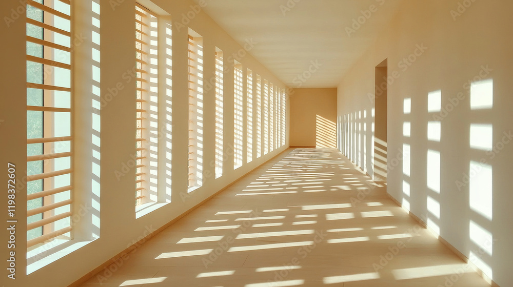Obraz premium Minimalist hallway featuring long beige walls and sunlight casting shadows through windows, creating serene atmosphere