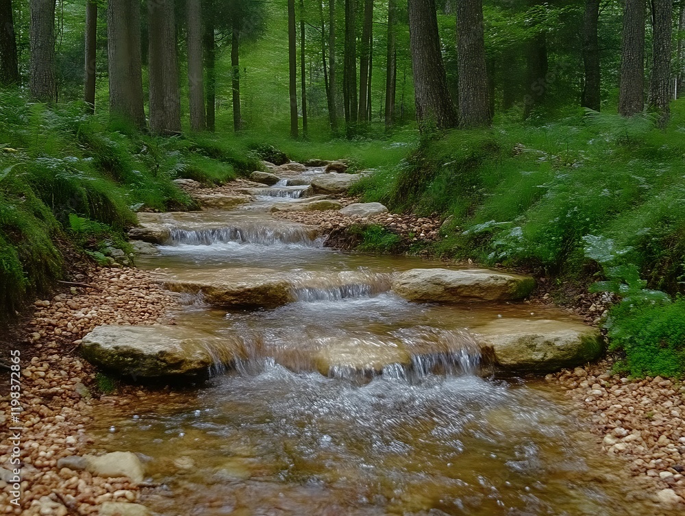 Tranquil stream flowing through a lush forest. Tranquil stream flowing through a lush forest.