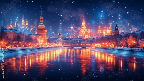 Snowy Moscow Kremlin night, river reflection, city lights, winter wonderland, travel postcard