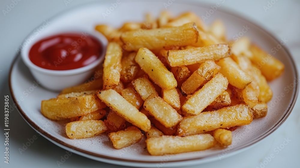 Crispy fries, ketchup, plate, kitchen, food blog. Crispy fries, ketchup, plate, kitchen, food blog.