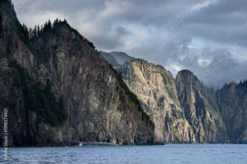 USA, Alaska, Kenai Fjords National Park. Landscape with cliffs and Pacific Oc...