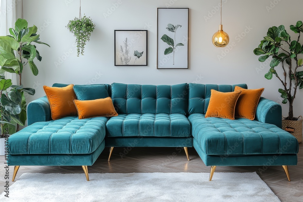 Fototapeta premium Teal velvet sofa with gold legs and armrests, L-shaped chaise lounge, plants, white wall, golden lighting, and white carpet in modern living room decor.