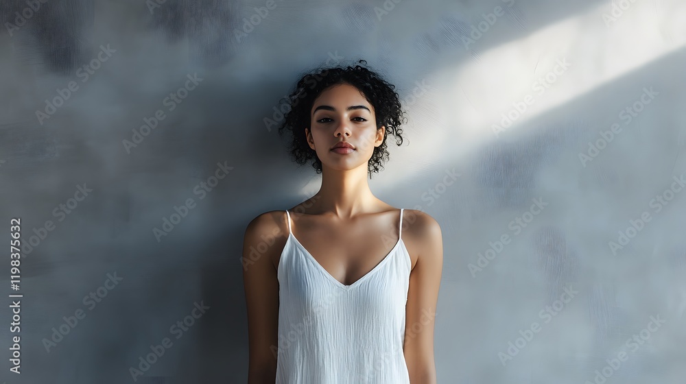 Young Woman Posing Against A Textured Grey Wall Young Woman Posing Against A Textured Grey Wall