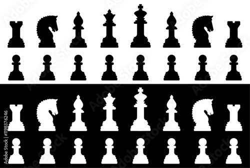 Silhouette chess pieces set featuring black and white rook, knight, bishop, queen, king, and pawn. Ideal for game design, strategy illustrations, chess apps, and educational content.	