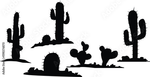 Cactus vector illustration,Black silhouettes of different cactus vector