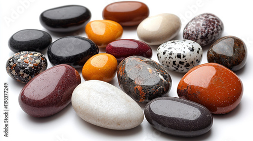 Colorful and Smooth River Stones in Various Shapes and Shades for Natural Decor and Art Projects in Beautiful Arrangement on White Background photo