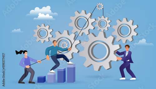 business people with gears, Business people links of mechanism. Business teamwork concept. Abstract background with gears and people are engaged in business promotion. vector flat design