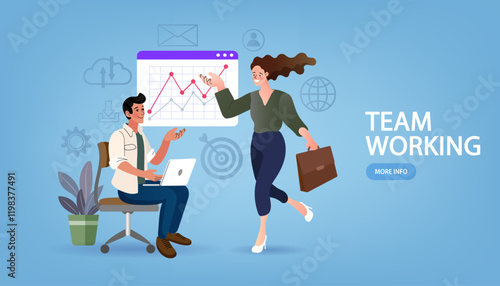 Concept of teamwork and collaboration. A man and woman work together, analyzing a chart with an upward trend, symbolizing business success, shared goals, and effective partnership.