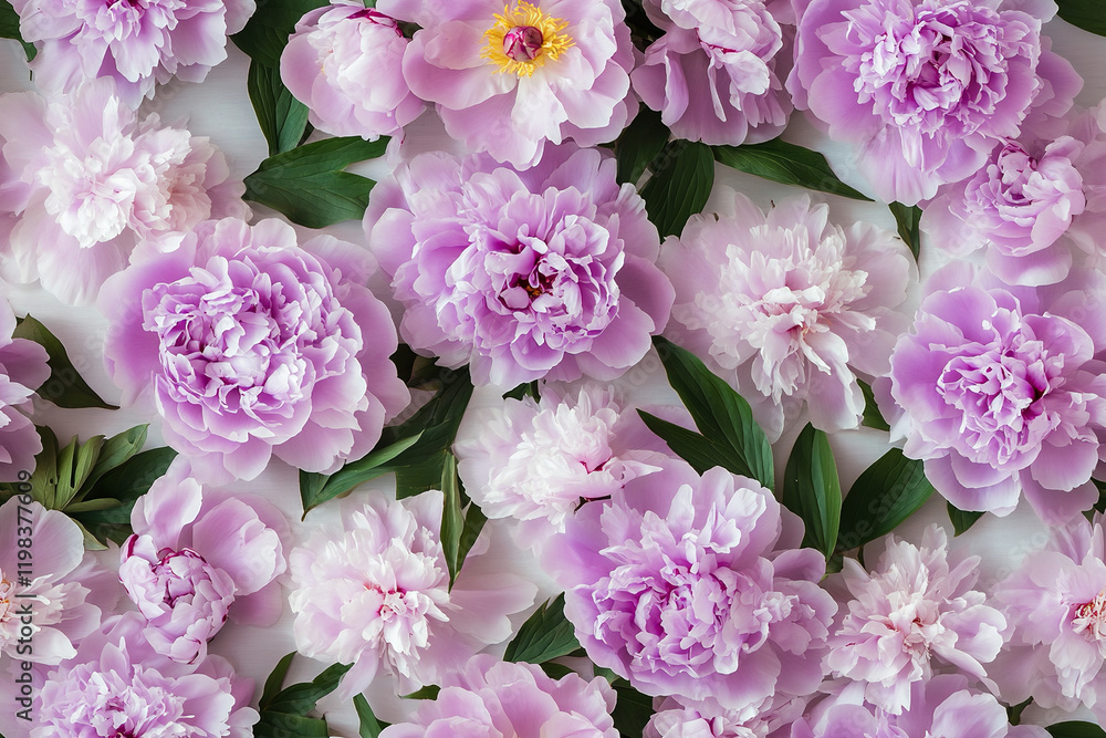 The image features a beautiful arrangement of pink peonies with green leaves on a white background, creating a vibrant and coherent floral design The image features a beautiful arrangement of pink peonies with green leaves on a white background, creating a vibrant and coherent floral design