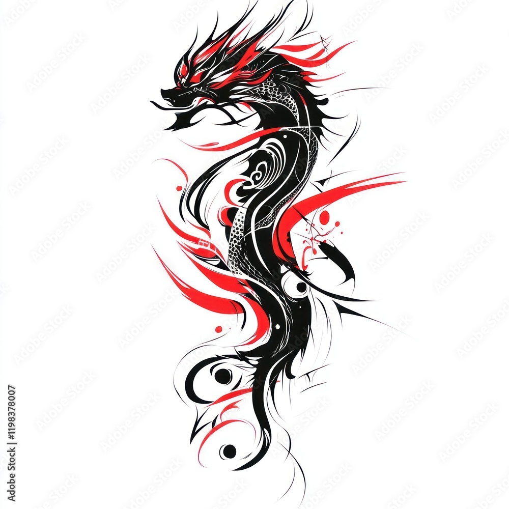 Illustration of a black and red dragon with abstract elements on a white background, for use as a graphic Illustration of a black and red dragon with abstract elements on a white background, for use as a graphic