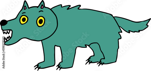 funny funny wolf with yellow eyes with open toothy mouth stands surprised and looks at camera