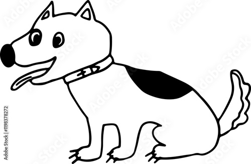 funny cute dog in a collar with a spot on his back sits happily with his tongue hanging out