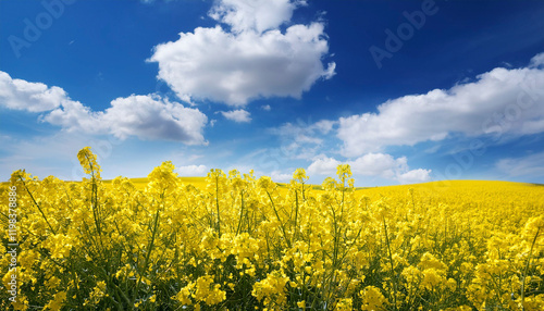 春の野原　3月4月の風景壁紙　菜種の花・菜の花畑にさわやかな晴れの空　青空に淡い雲と見上げる花　旅行・観光・アウトドア・新生活のイメージ