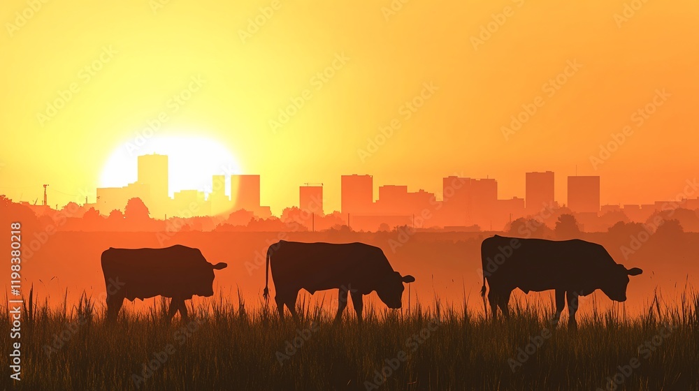Cows silhouetted against a city skyline at sunset. Cows silhouetted against a city skyline at sunset.