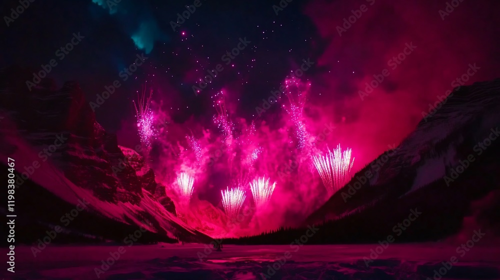 Vibrant pink fireworks explode over snow-capped mountains at night. Vibrant pink fireworks explode over snow-capped mountains at night.