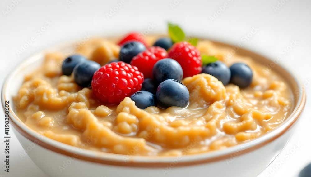 A close-up of a creamy oatmeal bowl topped with fresh raspberries and blueberries suggests a healthy and comforting start - suitable for food blogs and breakfast promotions A close-up of a creamy oatmeal bowl topped with fresh raspberries and blueberries suggests a healthy and comforting start - suitable for food blogs and breakfast promotions