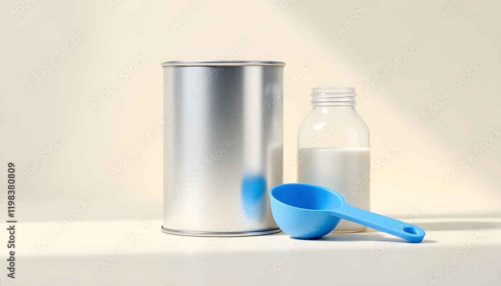Baby formula can with bottle and measuring scoop - shows preparation - suitable for parenting blogs, product ads, and health-related content Baby formula can with bottle and measuring scoop - shows preparation - suitable for parenting blogs, product ads, and health-related content