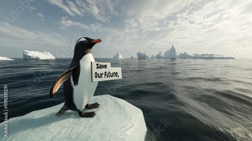 A penguin on an ice floe, holding a sign that says 