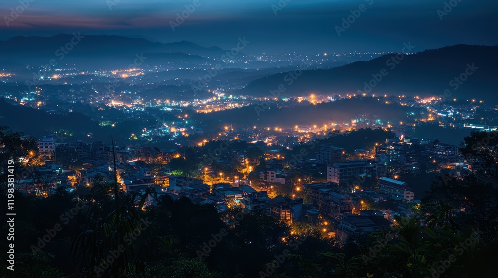 Obraz premium atmosphere overlooking southern east Asia. you can see the well lit places of modern busy cities with lights and slow shutter photography