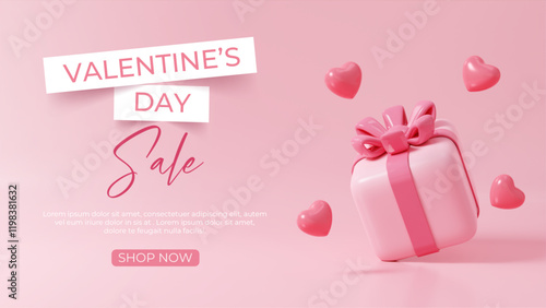 Valentine's Day sale with pink gift box and floating hearts in festive atmosphere 3D render illustration