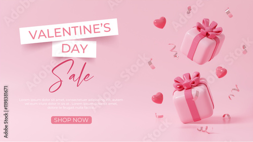 Free falling pink gift boxes with ribbons promoting Valentine's Day sale 3D render illustration