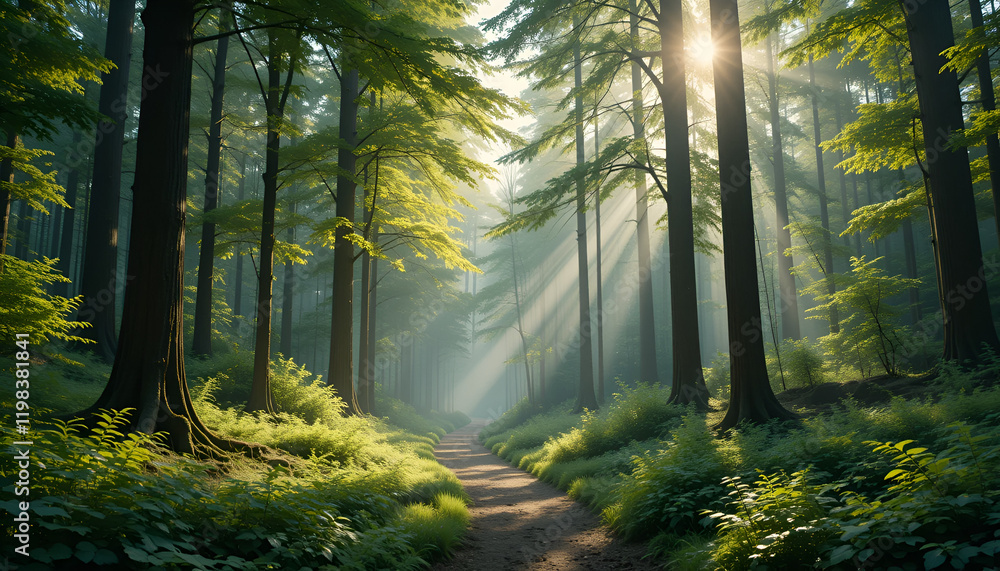 Fototapeta premium A serene forest scene with soft sunlight filtering through tall trees, a winding path, and vibrant green foliage.