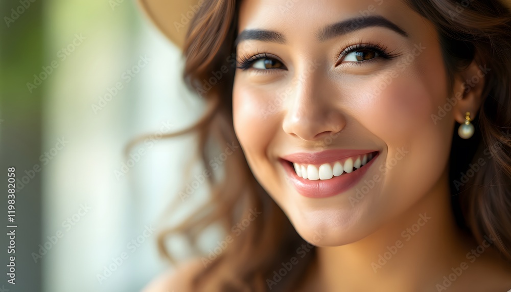 Close-up of a smiling Asian woman with a radiant glow, conveying confidence and joy - suitable for beauty product ads, wellness campaigns and social media Close-up of a smiling Asian woman with a radiant glow, conveying confidence and joy - suitable for beauty product ads, wellness campaigns and social media