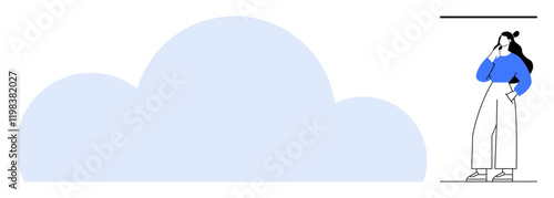 Person with blue shirt and white pants standing thoughtfully next to a large blue cloud shape. Ideal for themes of creativity, contemplation, innovation, imagination, cloud computing, digital