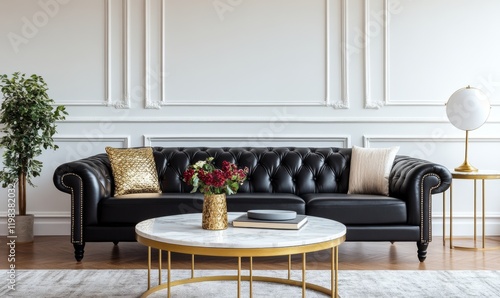 A modern living room with a black leather sofa, a marble coffee table, and gold-accented decor for a touch of elegance photo