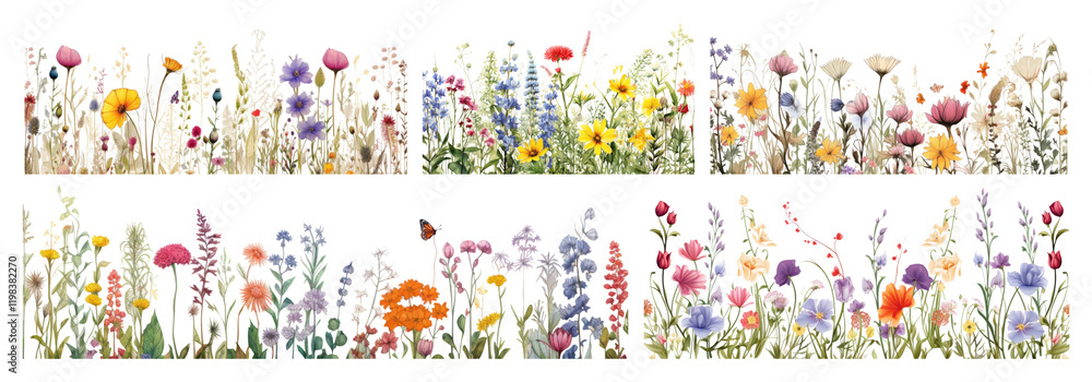 Obraz premium Colorful wildflower border png cut out element set, transparent background