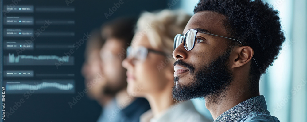 Obraz premium Diverse workforce analyzing data with analytics visuals in background