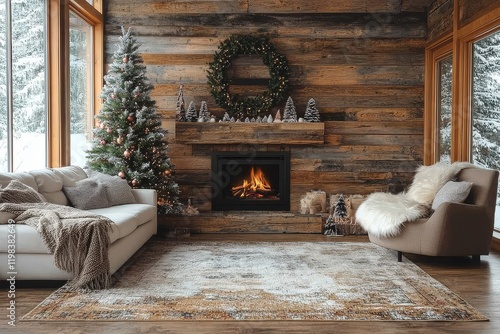 Modern Christmas living room with wooden wall, fireplace, and decorated tree, cozy holiday home atmosphere.