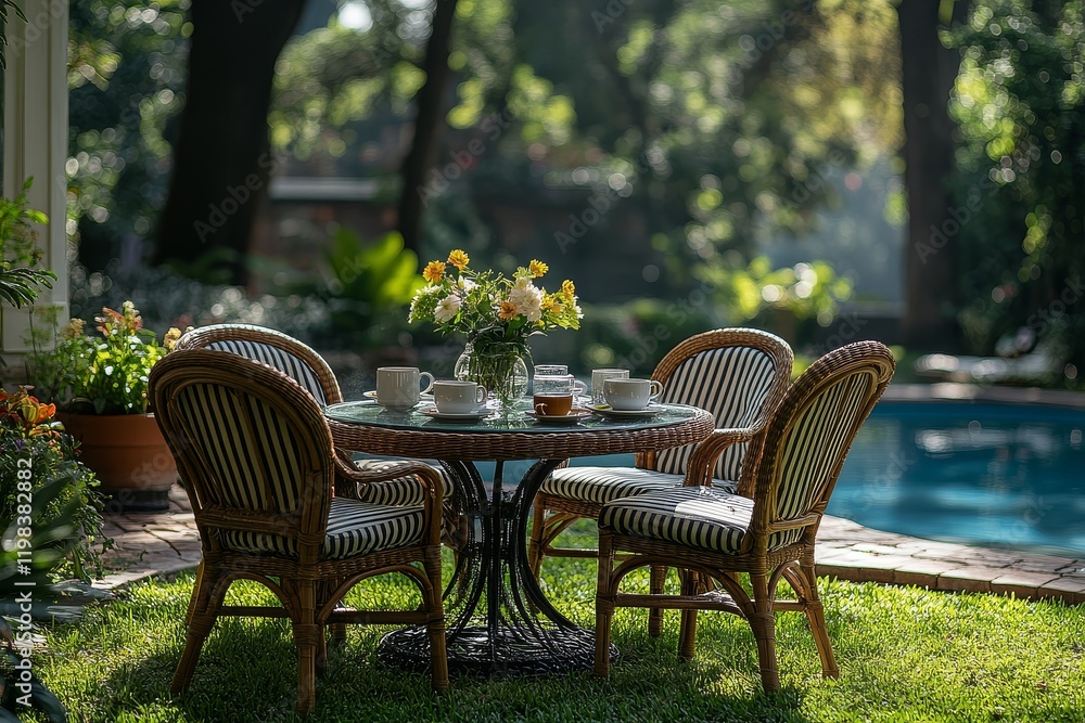 Outdoor dining table set for two with striped chairs, coffee mugs, flowers, and poolside view under bright sunlight. Outdoor dining table set for two with striped chairs, coffee mugs, flowers, and poolside view under bright sunlight.