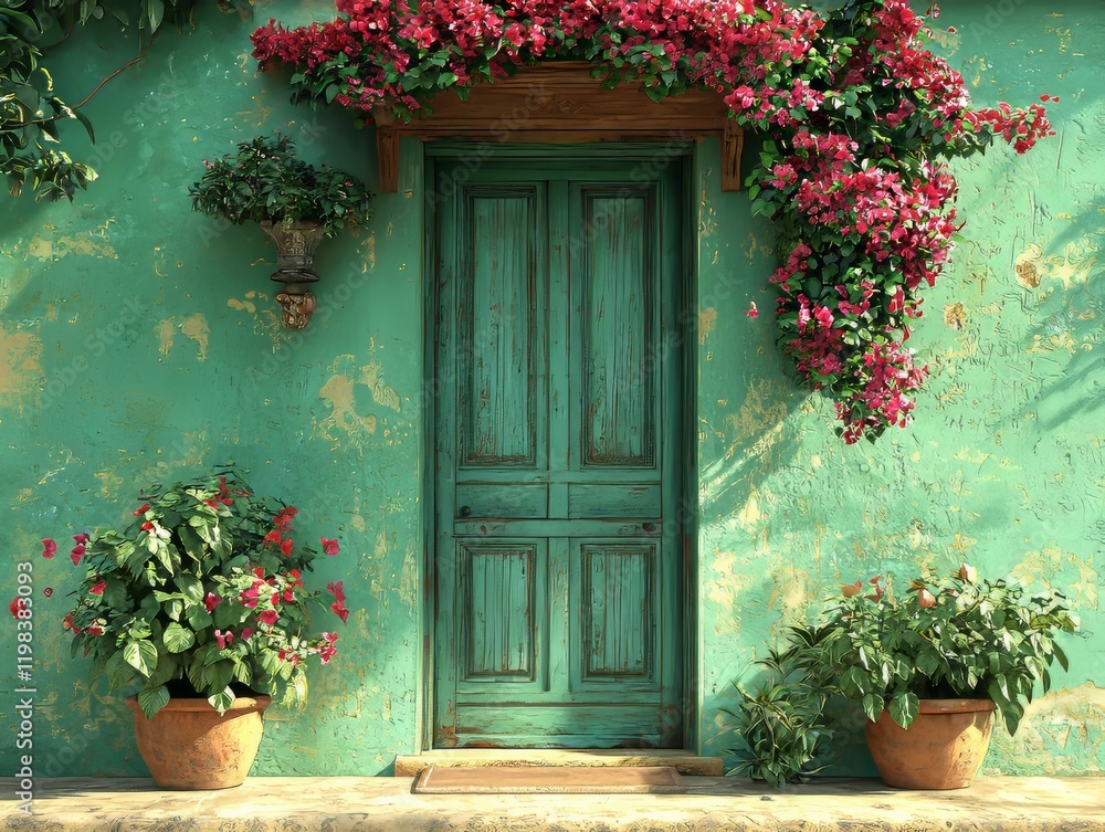 Fototapeta premium Charming turquoise doorway surrounded by blooming bougainvillea vibrant garden mediterranean style serene evening atmosphere