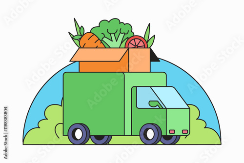 Truck filled with fresh vegetable box cartoon hand drawn illustration for eating and farm delivering