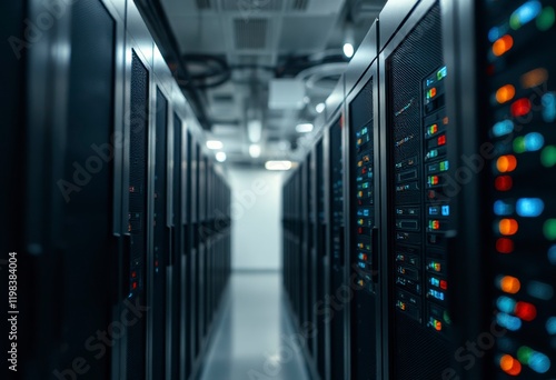 Rows of illuminated servers in a data center highlight the process of information digitalization in a high-tech environment.
