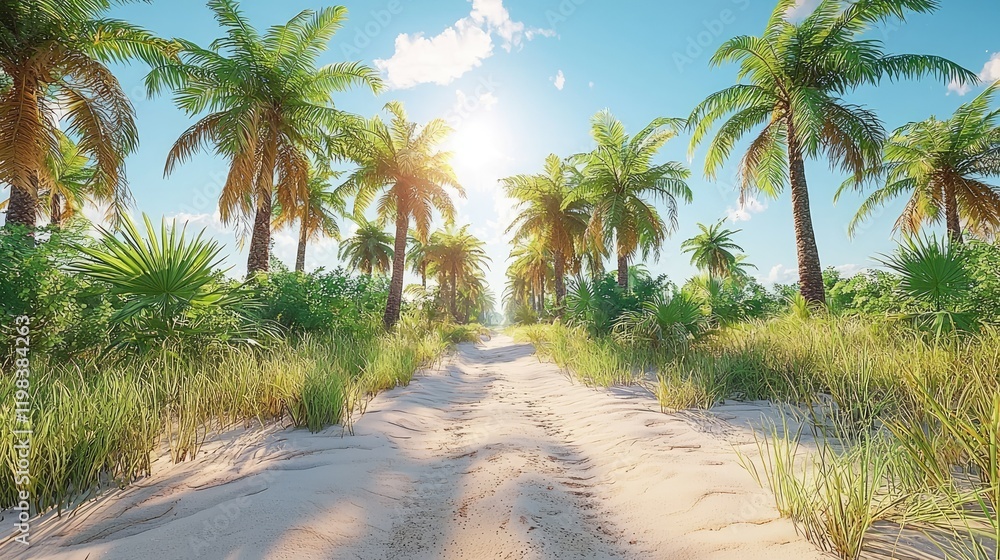 Sunny Pathway Through Lush Tropical Palm Trees Sunny Pathway Through Lush Tropical Palm Trees