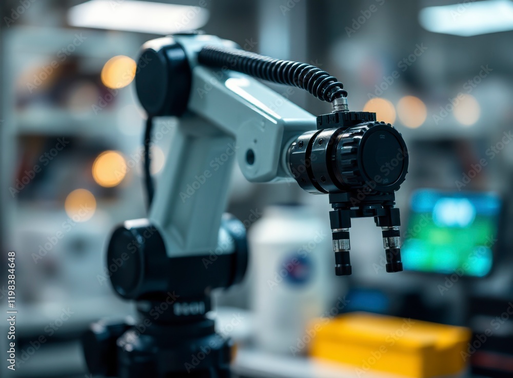 Advanced robotic arm operates in a laboratory, showcasing intricate movements for automation and precision engineering tasks. Advanced robotic arm operates in a laboratory, showcasing intricate movements for automation and precision engineering tasks.