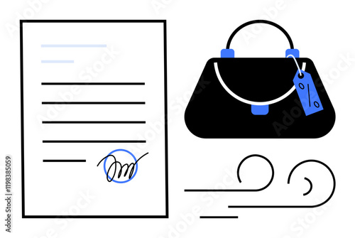 Signed legal document, handbag with tag, and abstract wind lines. Ideal for finance, legal transactions, e-commerce, retail sales, signature authentication, purchase agreements business deals
