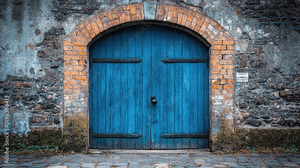 Blue Wooden Door in Aged Brick Archway Blue Wooden Door in Aged Brick Archway