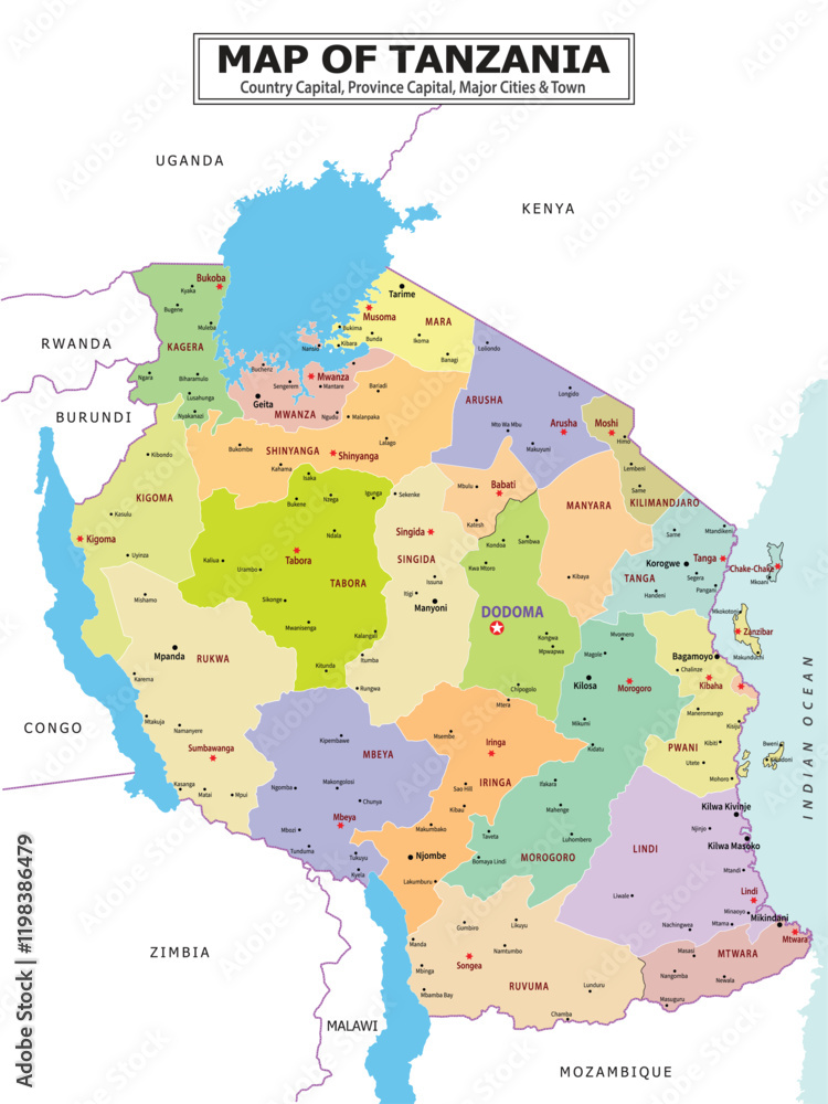Fototapeta premium African Countries Geography Political map. Political map of country with capital, province or state capital, major cities and town.