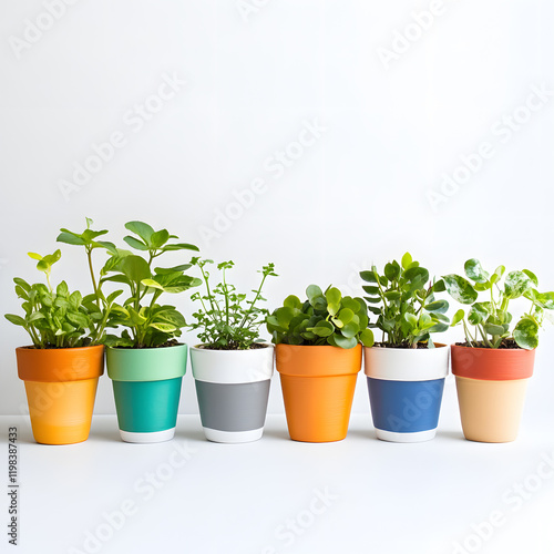 collection of colorful plant pots in various sizes, each containing different type of green plant, arranged in row against white background photo