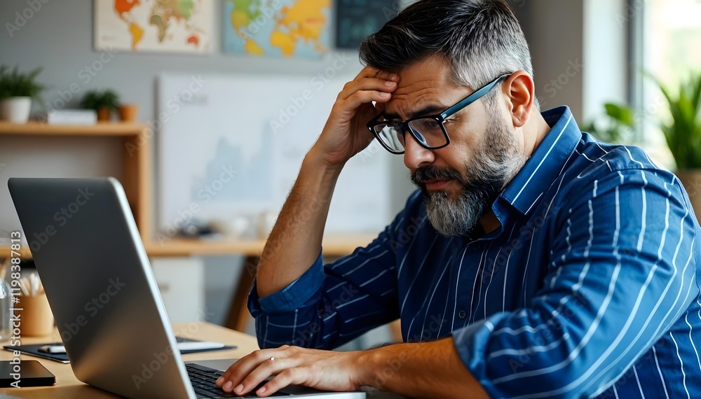 Stressed Man Working on Laptop in Office Stressed Man Working on Laptop in Office
