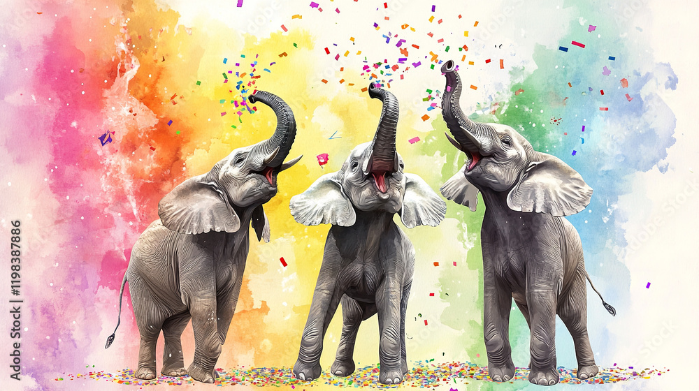 The image features three elephants with their trunks raised, blowing colorful confetti into the air