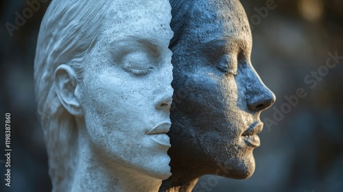 A split face sculpture, depicting duality in human nature.  One side light, the other dark.  Peaceful, contemplative. photo